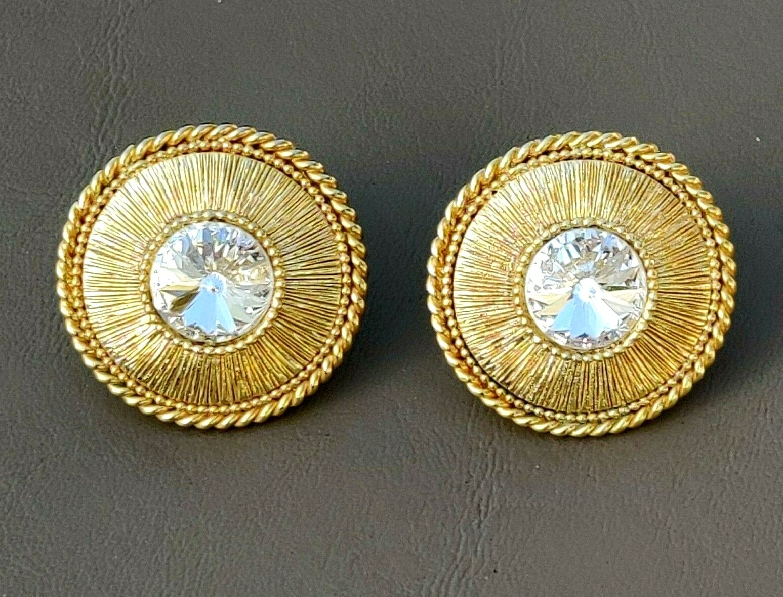 ORENA Paris France Couture Designer Brand Gold Tn Faceted Crystal Clip Earrings