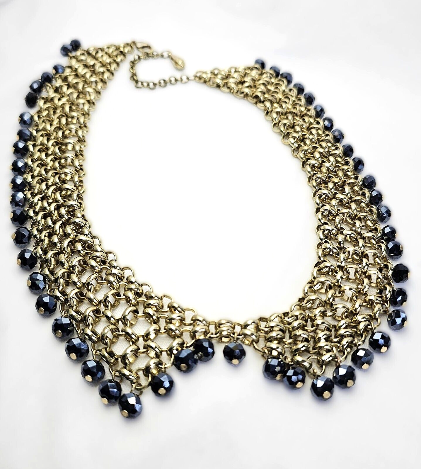Gold Tone Chain Mail Blue Bead Bib Necklace Collar Fringe Dangling Beads Vintage
