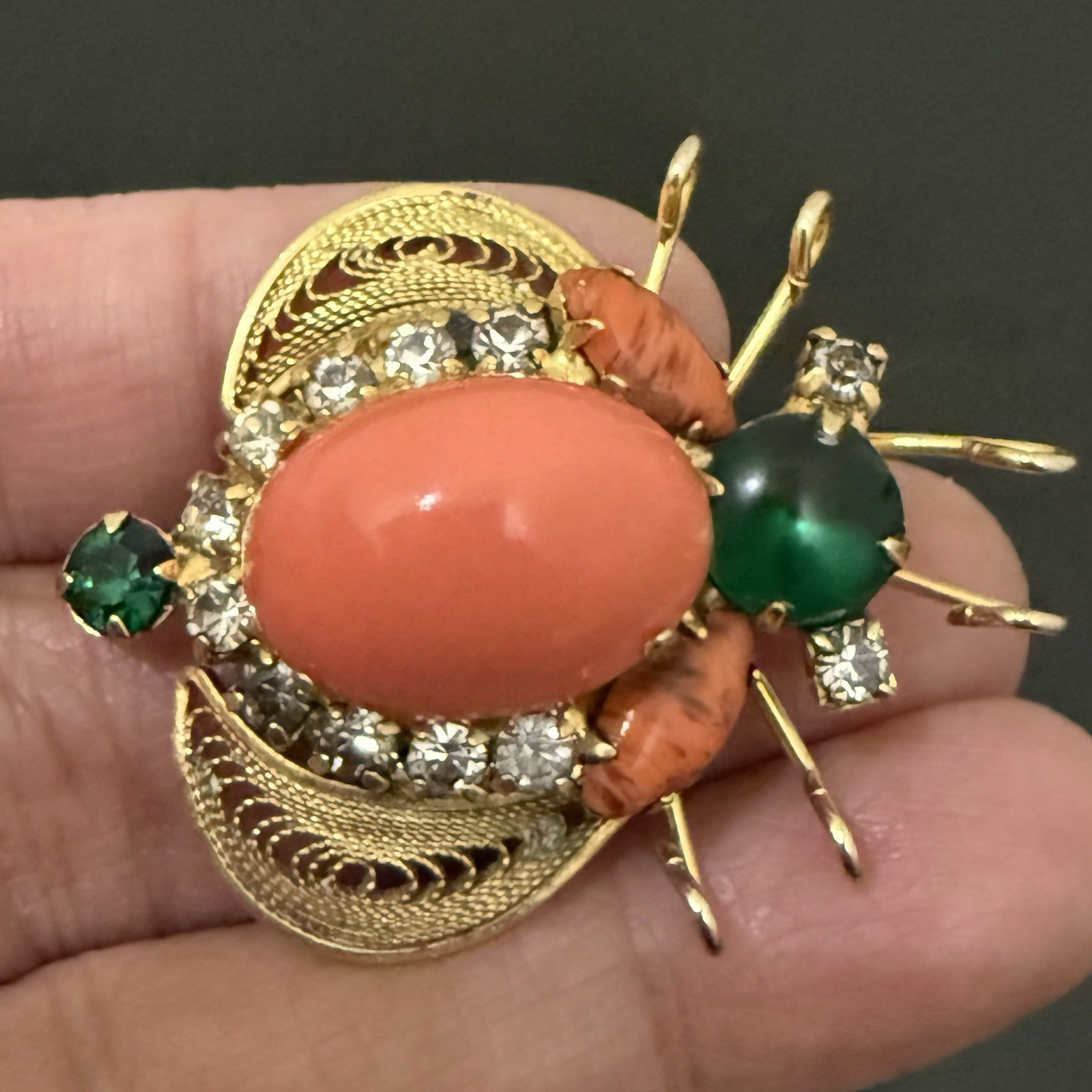 Rare Juliana Delizza & Elster Faux Coral Cabochon Rhinestones Beetle Bug Brooch