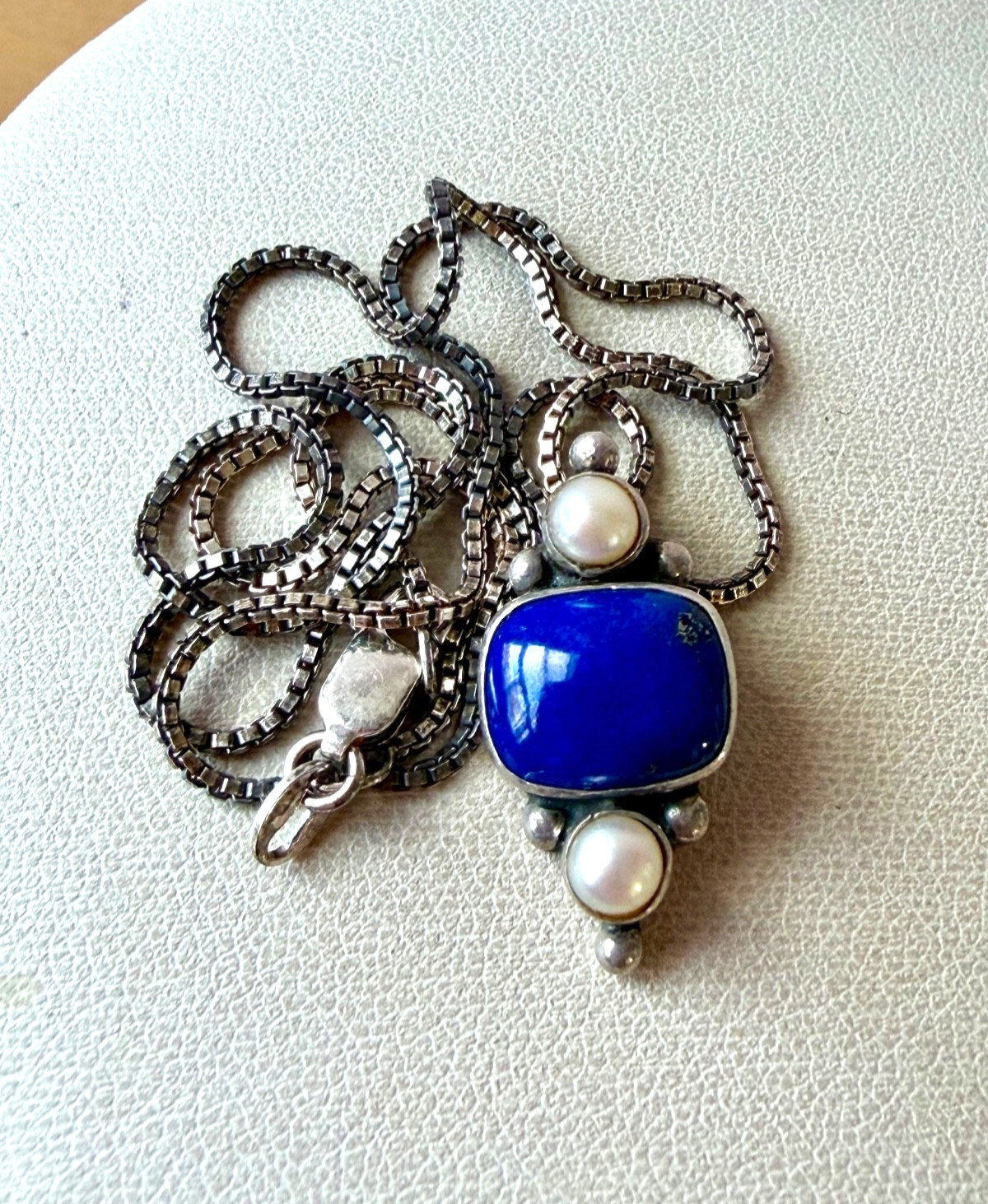 VINTAGE JGD JANICE GIRARDI LAPIS PEARL PENDANT CHAIN NECKLACE 925 STERLING SLVER