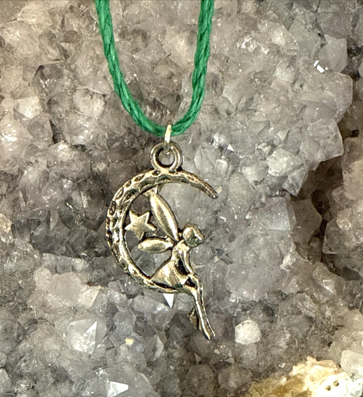 FAIRY CHARM MOON STAR Dainty Necklace Hemp Cord Boho PIXIE Tibetan Silver Tone