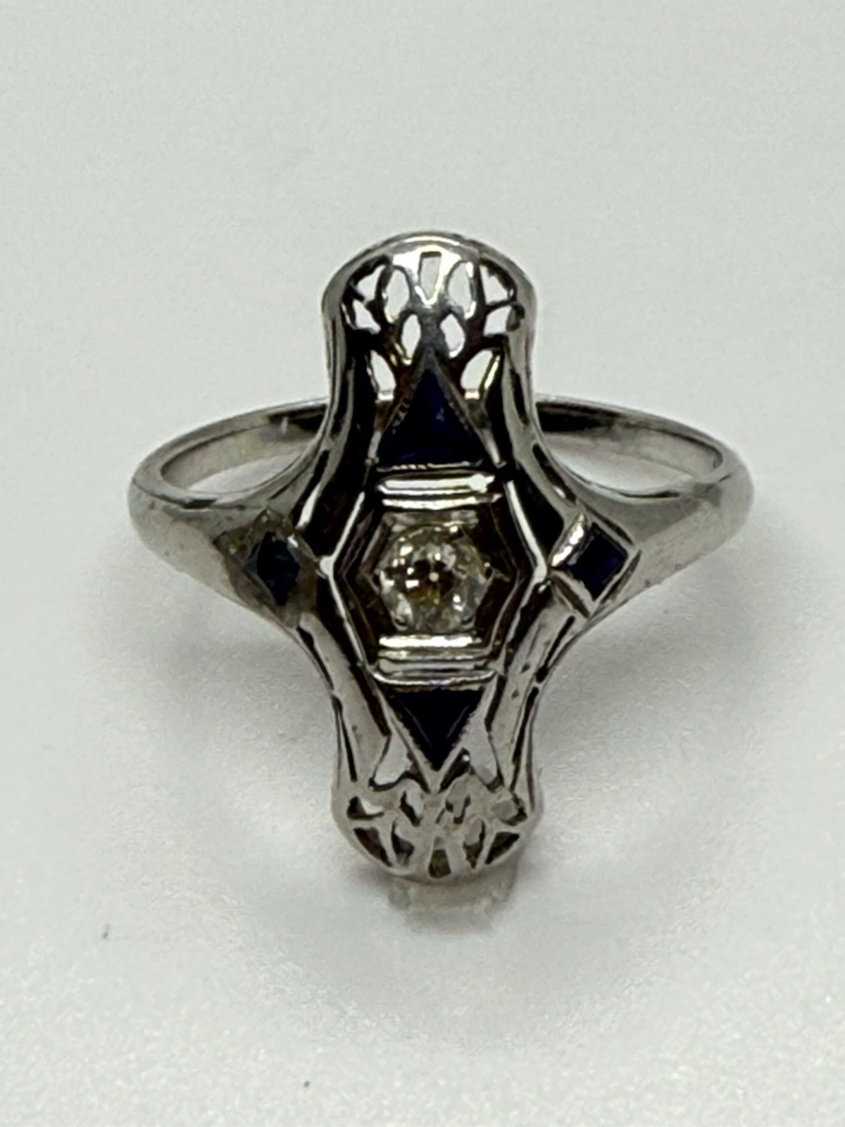 Art Deco Antique 18K White Gold Handmade Filigree Lozenge Diamond Ring 1920s 6.5
