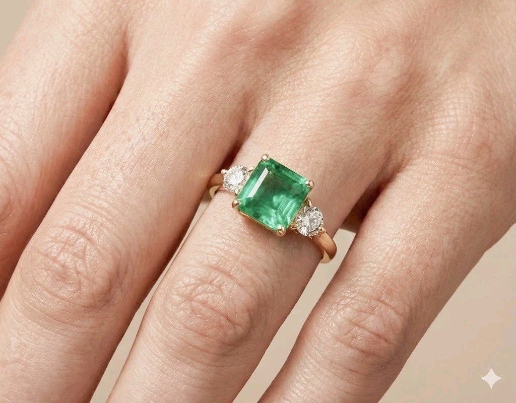 Vintage 14k Yellow Gold Engagement Ring 3.01CT. Natural Green Colombia Emerald