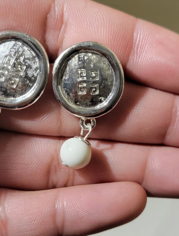 Vintage Givenchy Signed Logo Silver Tone with White Ball Pierced Dangle Earrings