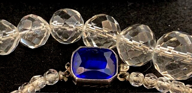 VTG Crystal Glass Faceted Graduated Bead 21″ Sterling/Blue Rhinestone Necklace