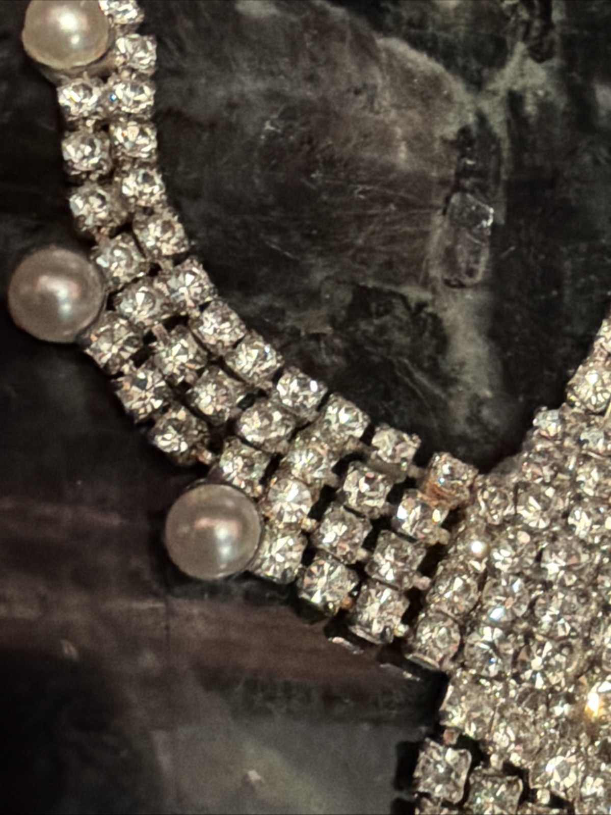 Vintage Rhinestone Swirl Glamour Pearl Dangle Necklace High End Costume Jewelry