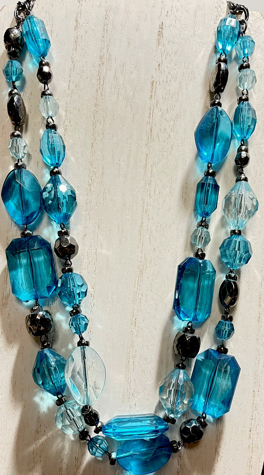 Lovely Teal Turquoise, Aqua Blue & Gunmetal Tones Double Strand Beaded Necklace