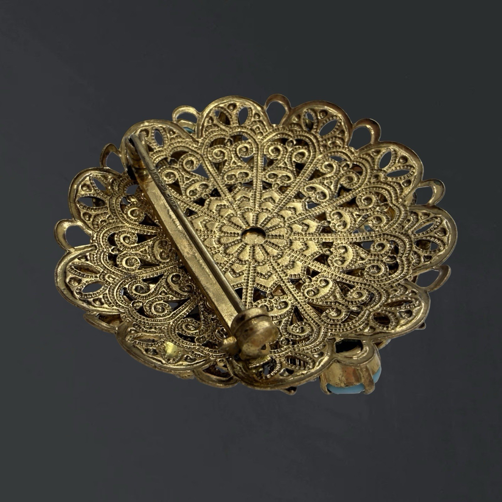 Vintage SIGNED 🖤 Western W Germany 🖤 Gold FILIGREE Turquoise Enamel BROOCH PIN