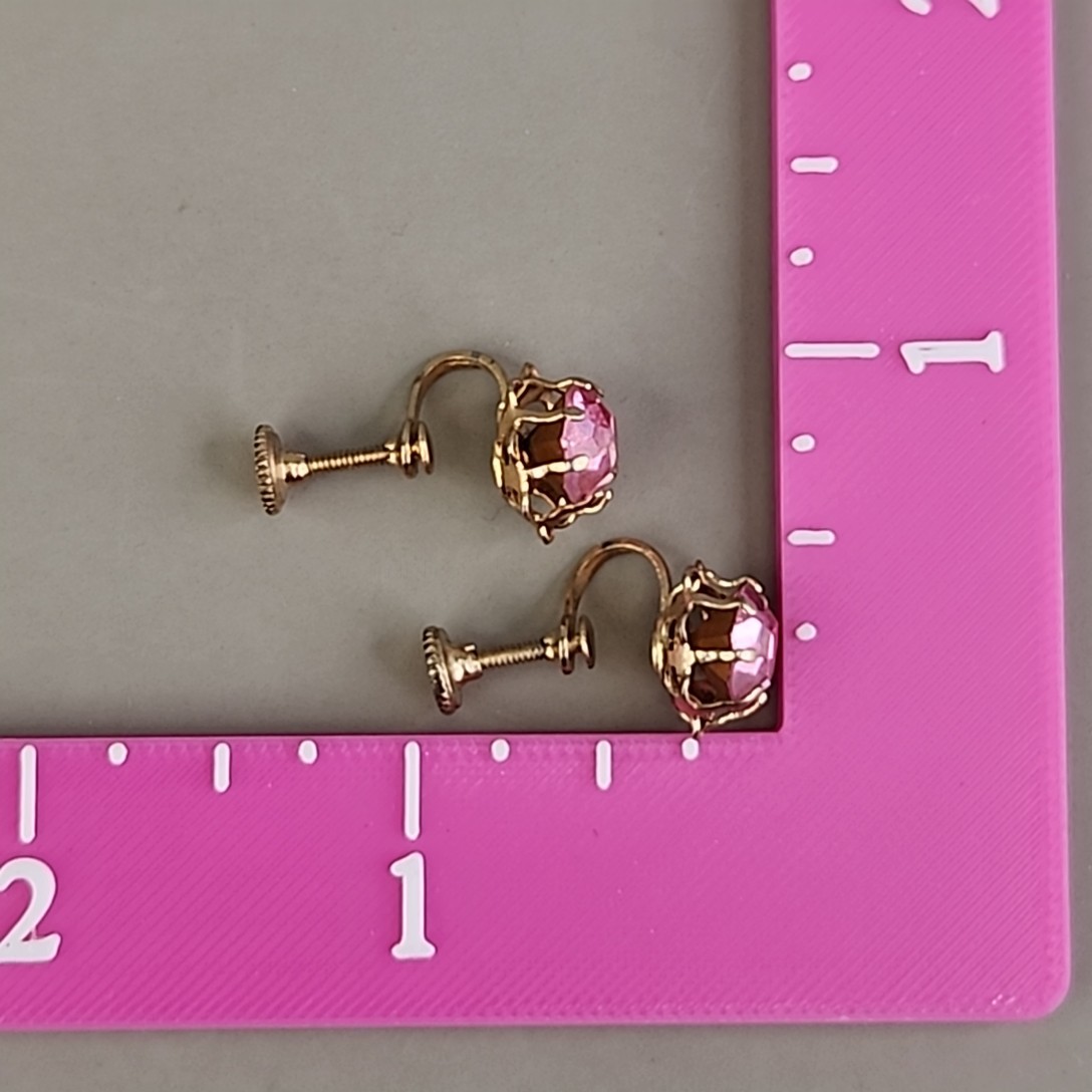 Vintage Rhinestone Screwback Earrings Pink Round Gold Tone 1cm