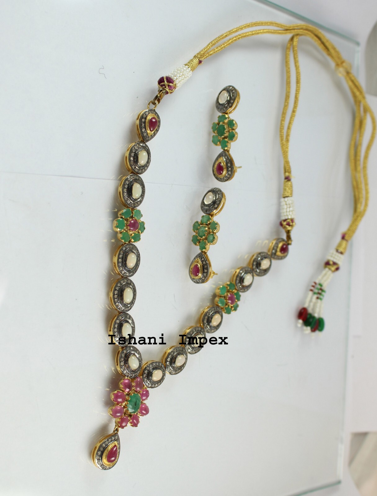 Natural RoseCut Diamond & Ruby, Emerald, Opal 925 Sterling Silver Necklace