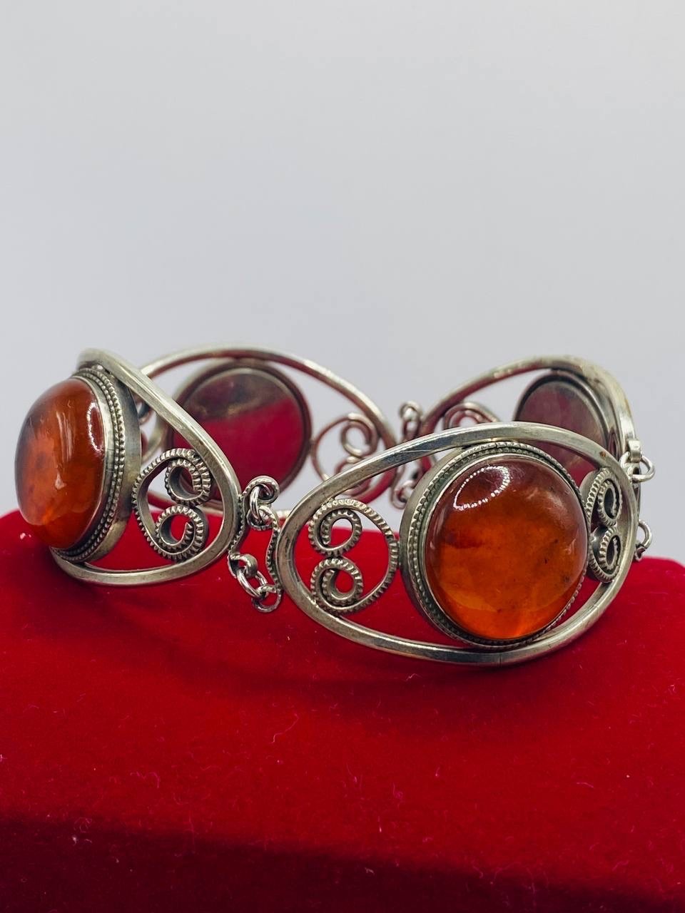 Antique Soviet filigree Chalcedony Silver Bracelet Hand Crafted