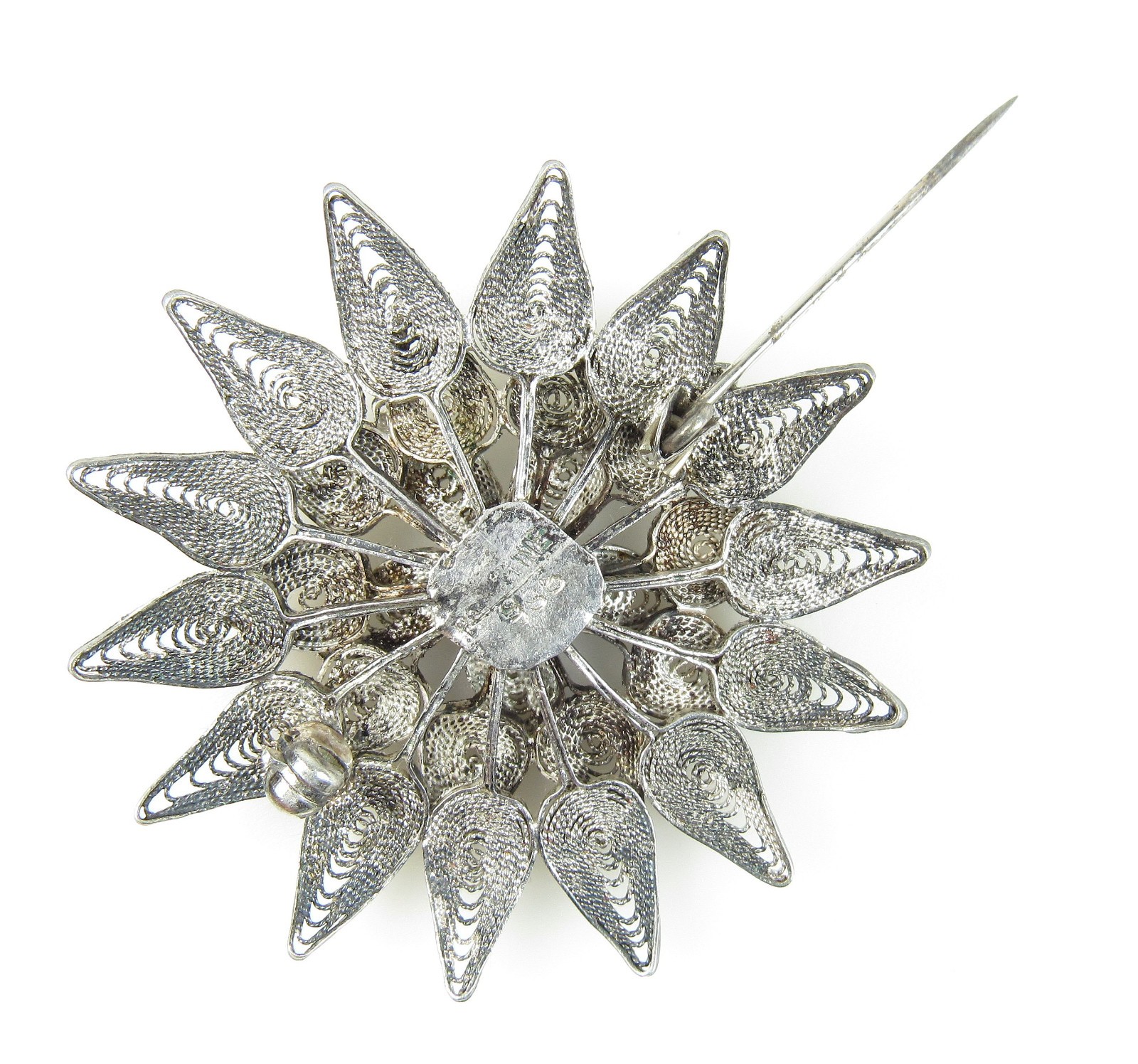 935 Argentium Silver Antique Filigree Flower Motif Brooch Pin about 1 – 3/4″