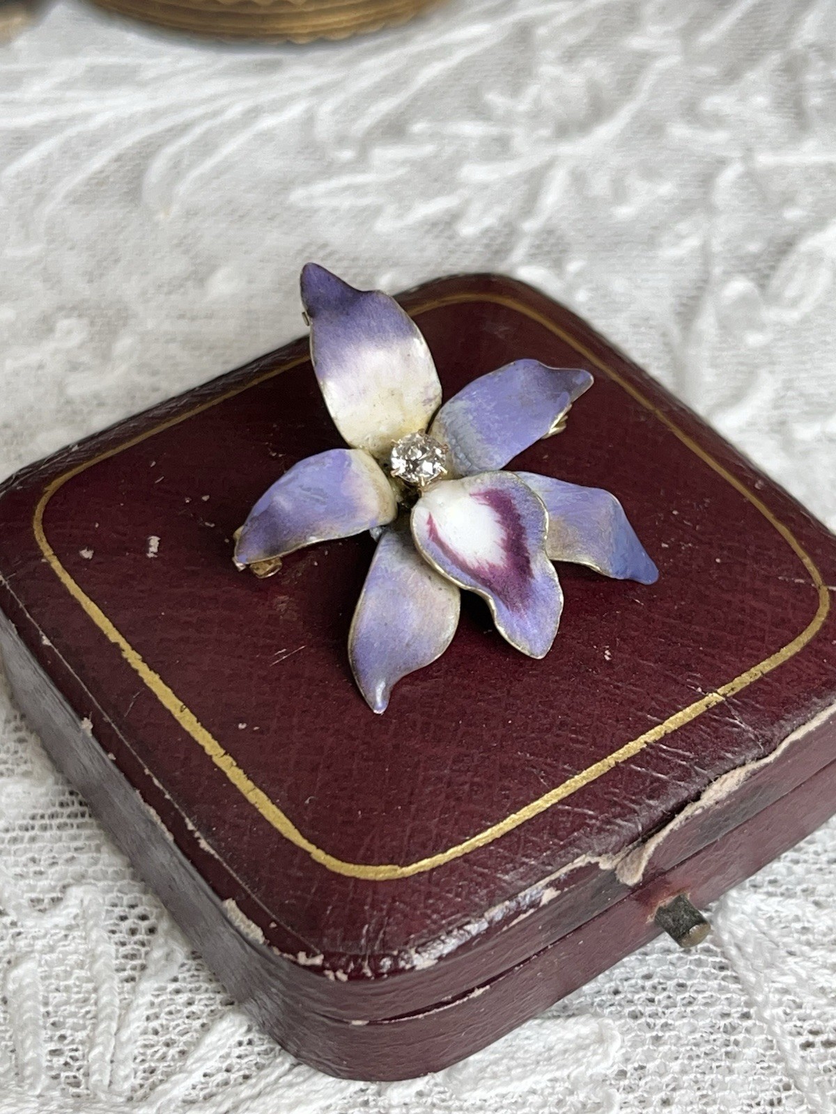 Antique Art Nouveau 14k Purple Enamel Diamond Orchid Brooch Pendant Original Box