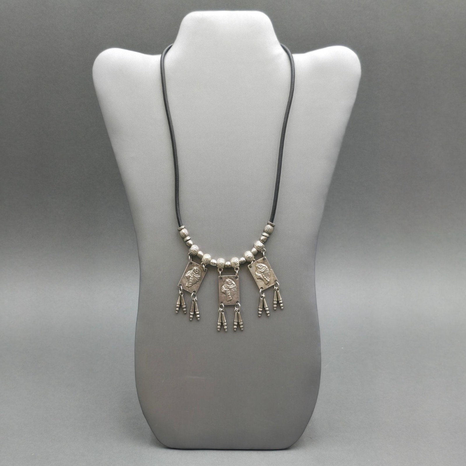 Vintage Tribal Panel Fringe Necklace Silver Tone Leather Cord Boho Statement