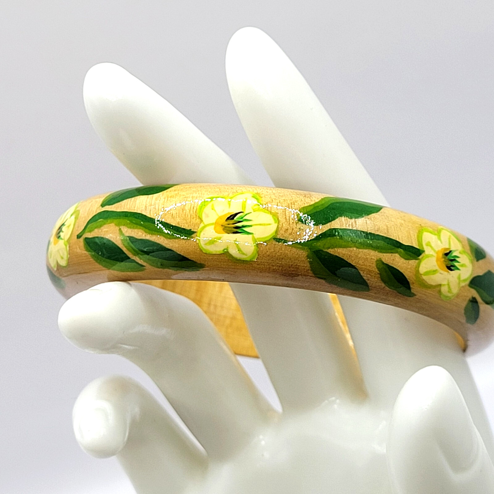 Wood Bangle Hand Painted Cream Flowers Green Leaves Lacquered Bangle Bracelet