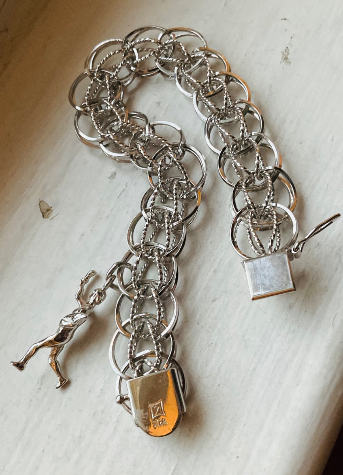 Vintage FORSTNER USA Starter SILVER CHARM BRACELET Wearable 7 1/4” Wide Link #B