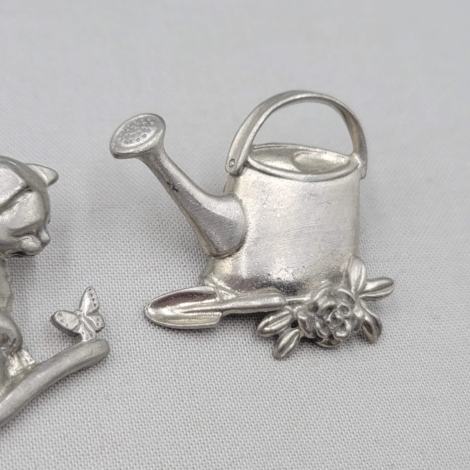 Vintage Pewter Brooch Kitty Cat Butterfly Gardening Silver tone Lot of 2 1.25″