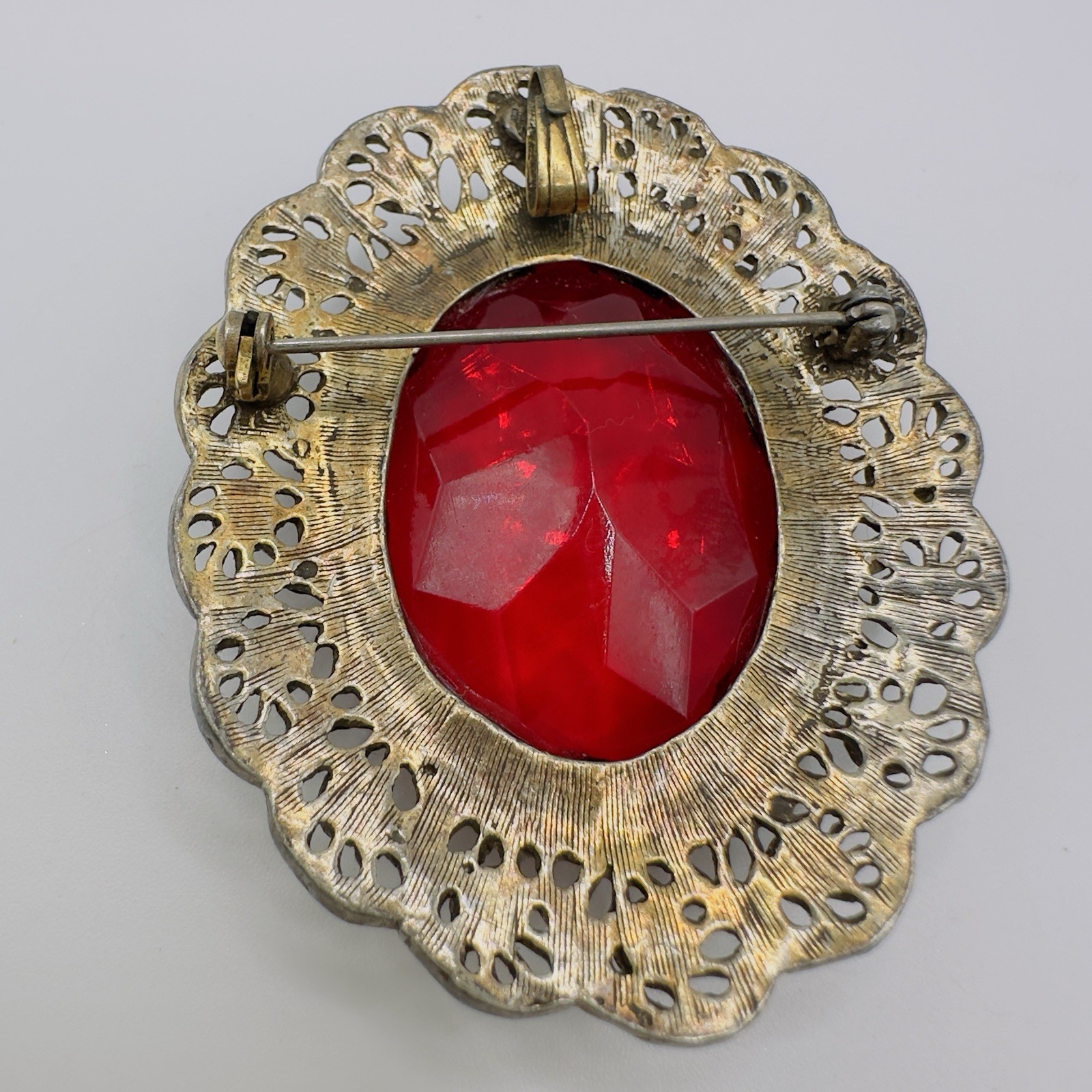 Vintage Red Glass Brooch Pendant Victorian Revival Antiqued Gold 2.75″ *READ*