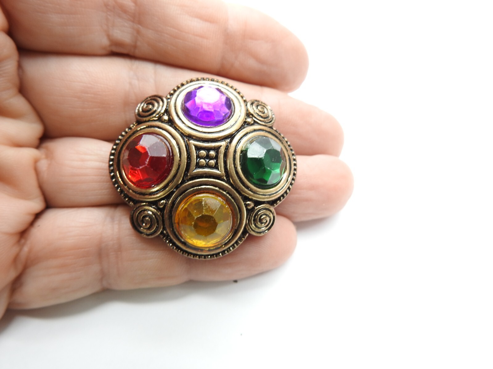 Red Purple Green Yellow Gold Tone Plastic Brooch Vintage
