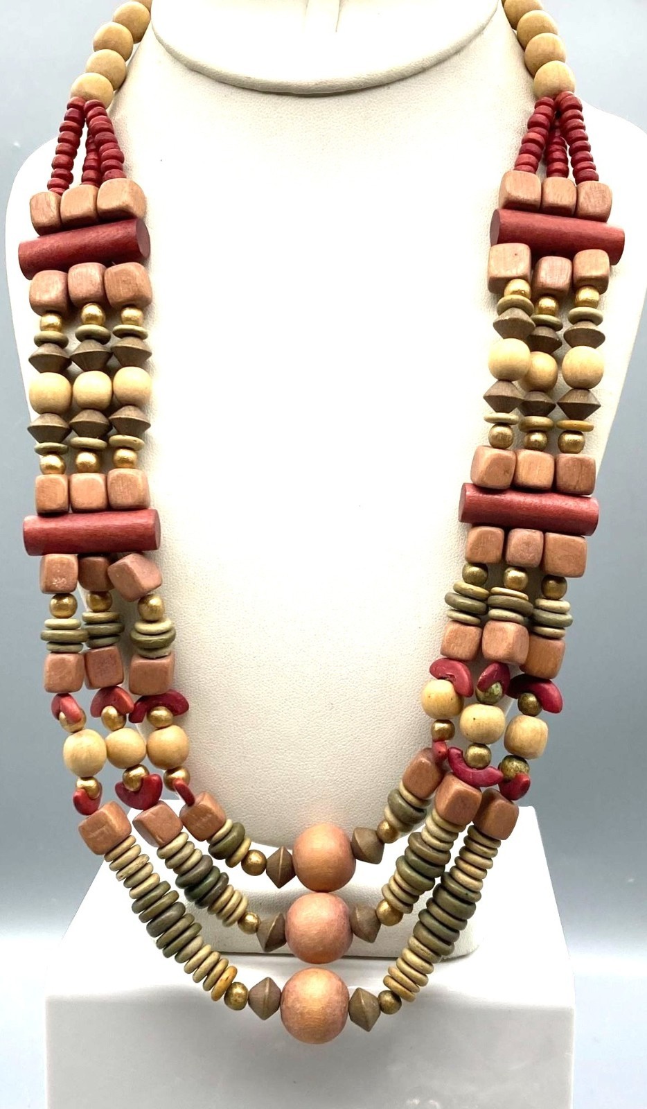 Muted Multi Strand Drape Necklace with Boho Wood Beads in Different Shapes and S