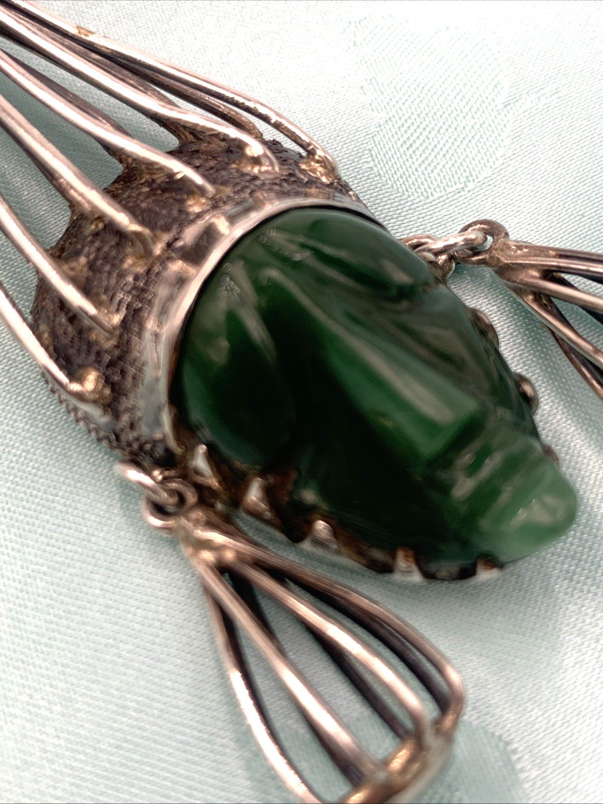 Vintage Sterling Silver and Green Onyx Mexican Mask Pendant & 28″ Necklace 73g