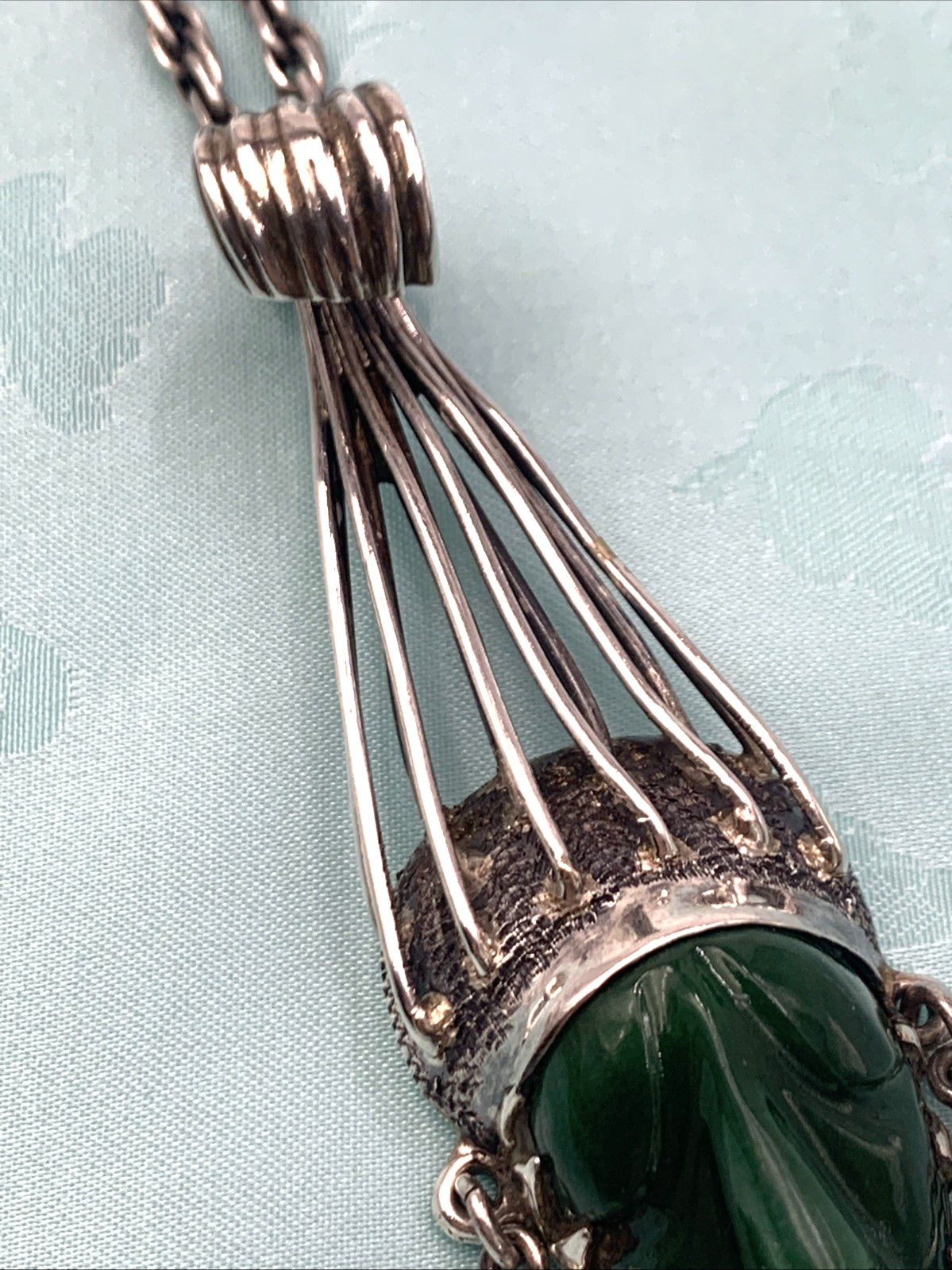 Vintage Sterling Silver and Green Onyx Mexican Mask Pendant & 28″ Necklace 73g