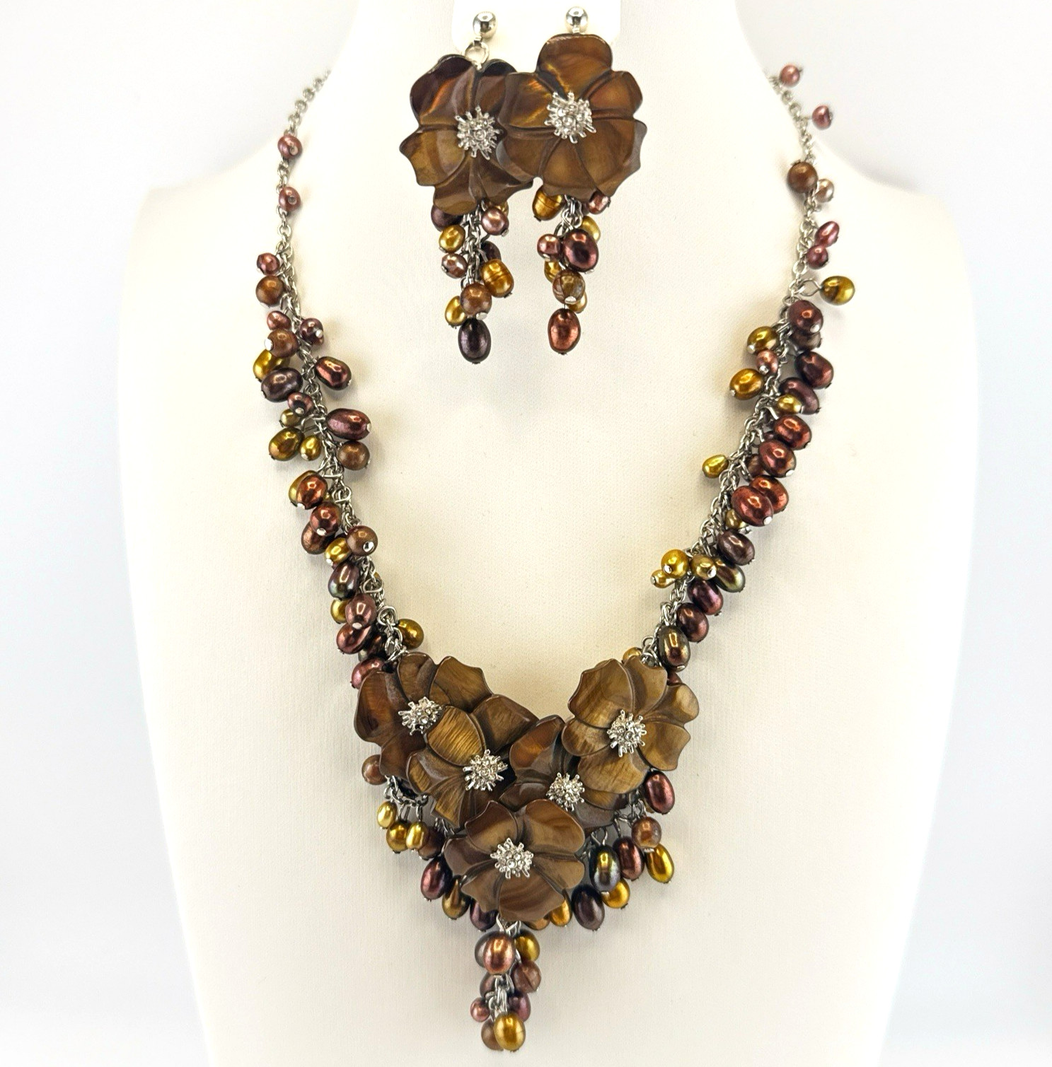 Tigers Eye Pearl Necklace Earrings Set Floral Waterfall Cluster Silver Tone QVC