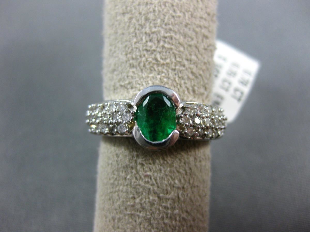 ESTATE 1.53CT DIAMOND & EMERALD 14KT WHITE GOLD OVAL SEMI BEZEL ENGAGEMENT RING