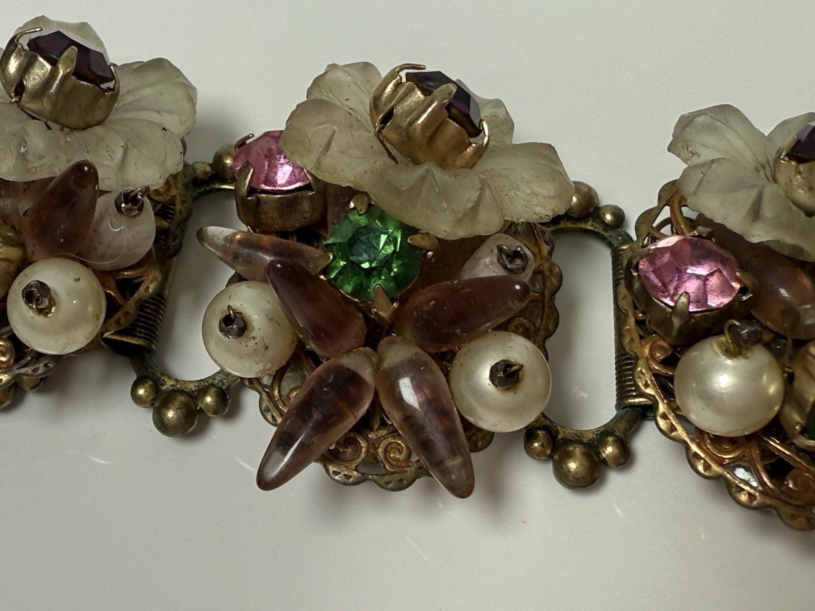 Antique Flower Glass Beaded Rhinestone Panel Bracelet 7″ Chunky 3D Book Chain