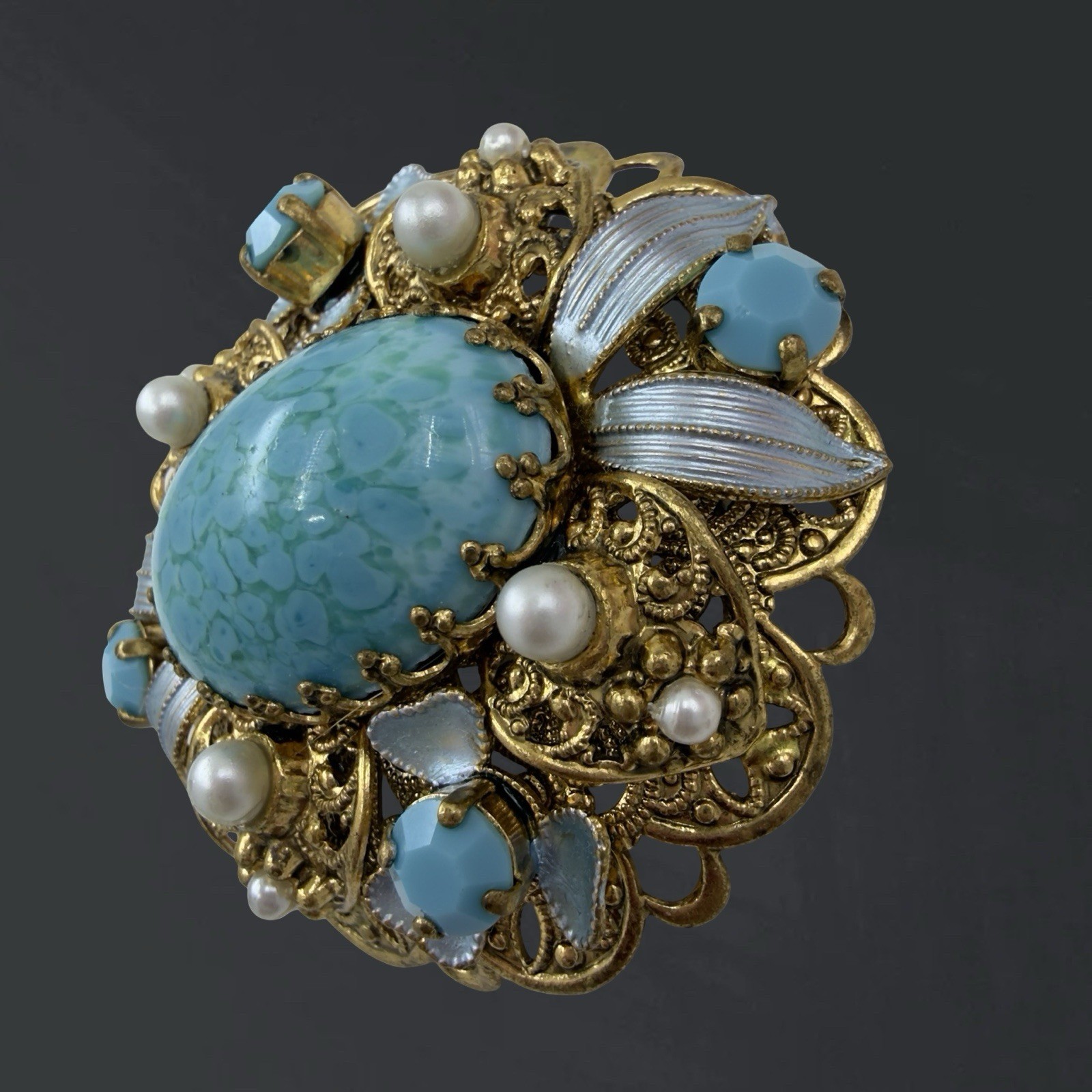 Vintage SIGNED 🖤 Western W Germany 🖤 Gold FILIGREE Turquoise Enamel BROOCH PIN