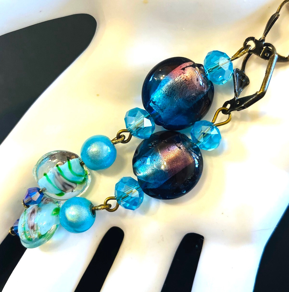 Quality Artist-made EARRINGS Lamp-work Aqua blue Glass OOK New Dangler