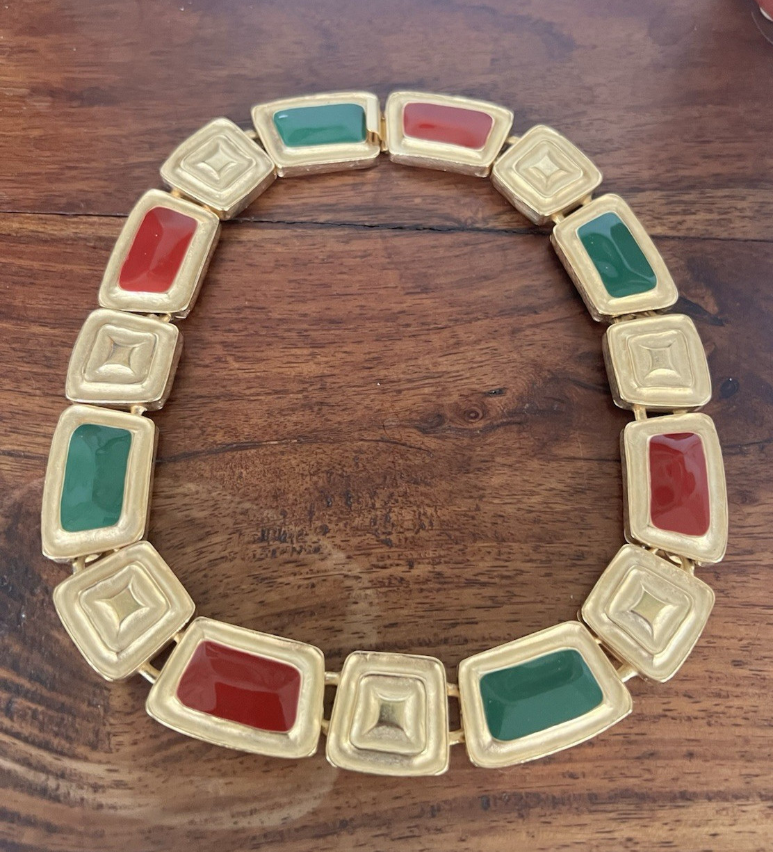 Vintage Green & Red Enamel Panel Chunky Gold Plated Necklace 16 1/2″