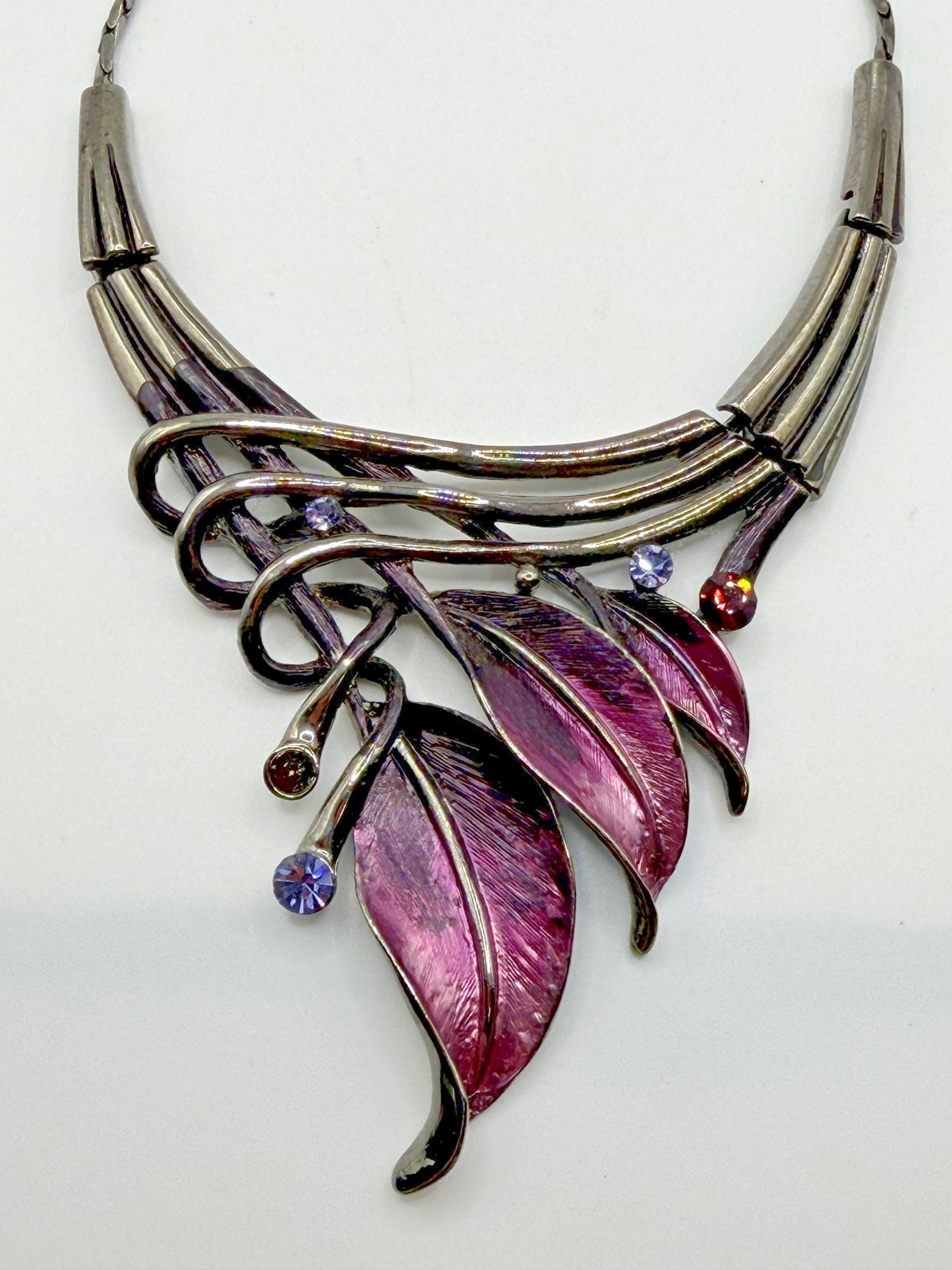 PURPLE LEAF BIB STATEMENT NECKLACE ENAMEL RHINESTONE WOMENS NATURE LOBSTER CLASP