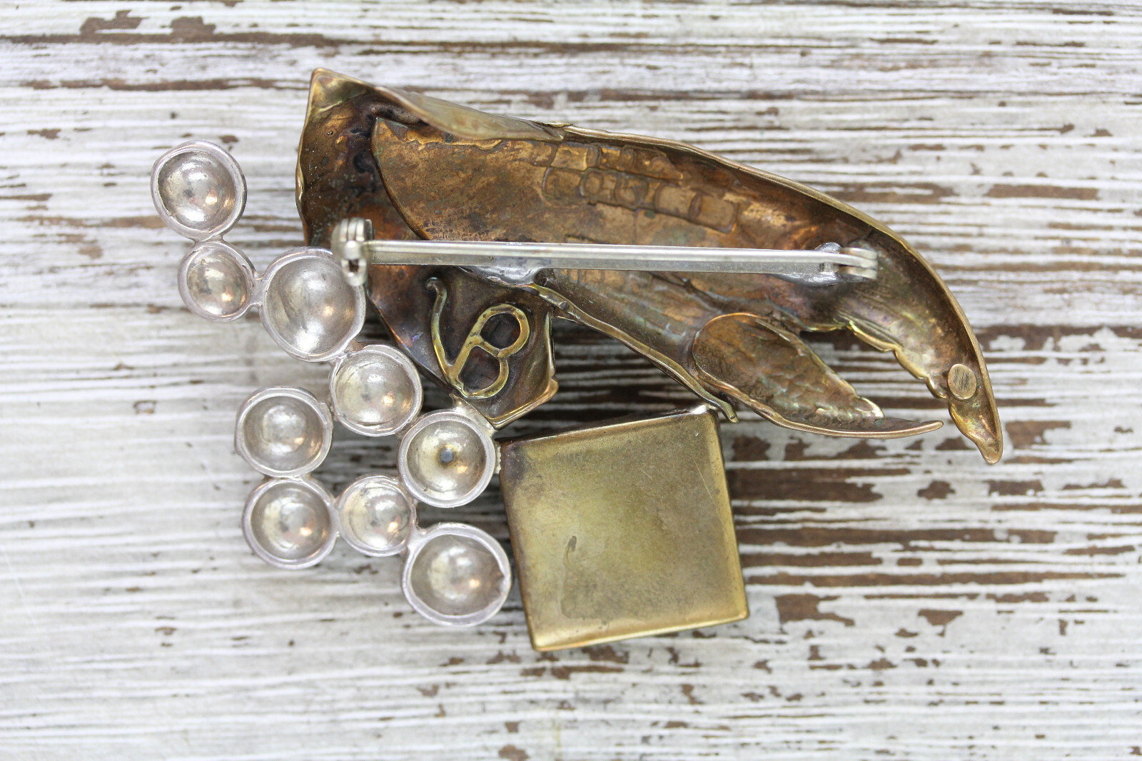 VINTAGE VB DESIGNER SIGNED STERLING SILVER BROOCH BRASS MOP MIXED METAL ARTSIAN