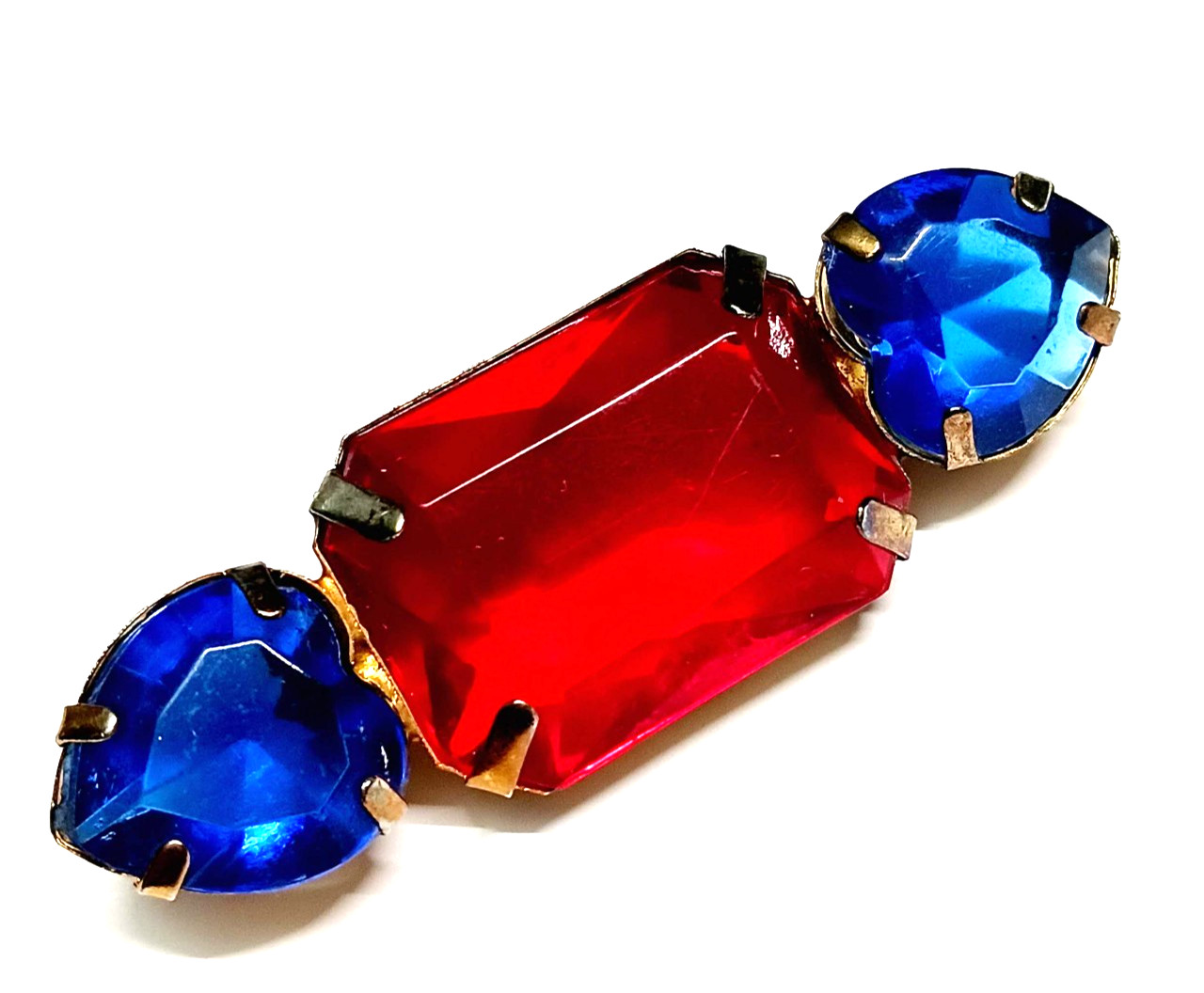 Old Vtg Lucite Acrylic Stone Bar Brooch Blue Hearts Red Rectangle C Hook Clasp