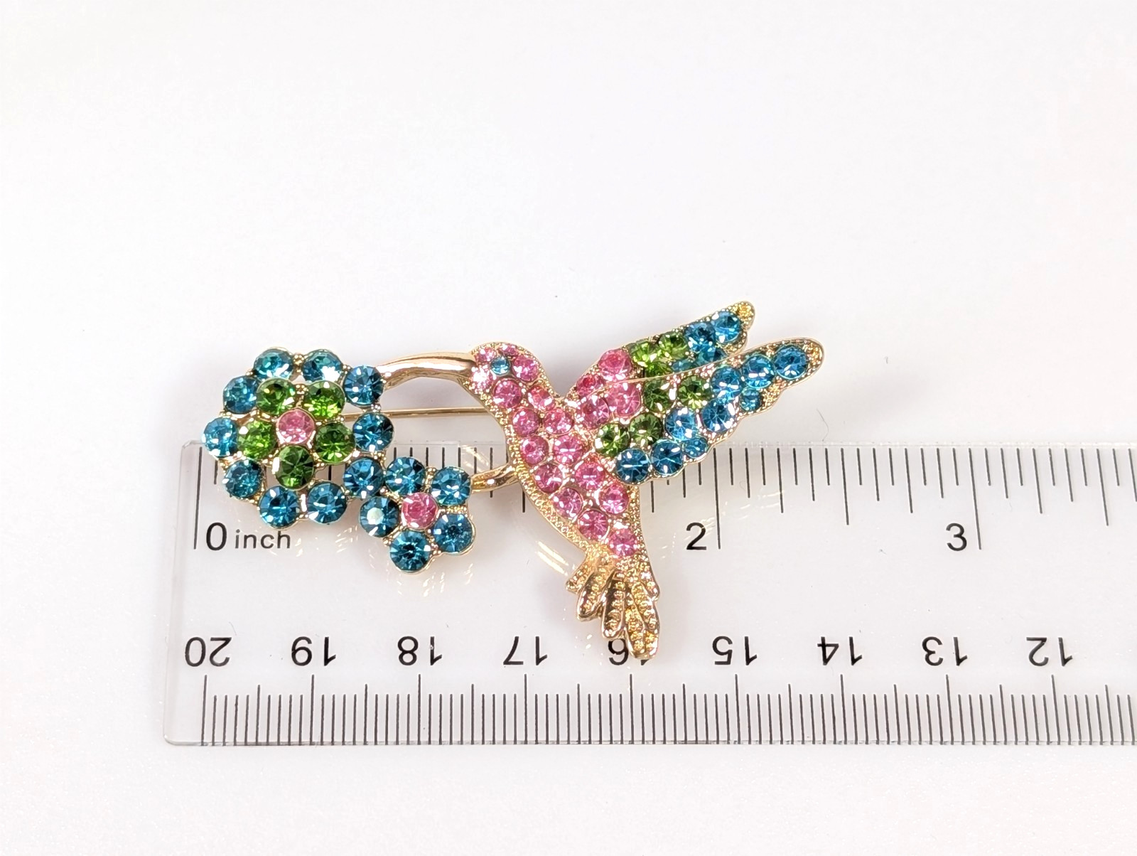 Vtg Signed MONET Vivid Blue Green Candy Pink Hummingbird Bird Flower Brooch Pin