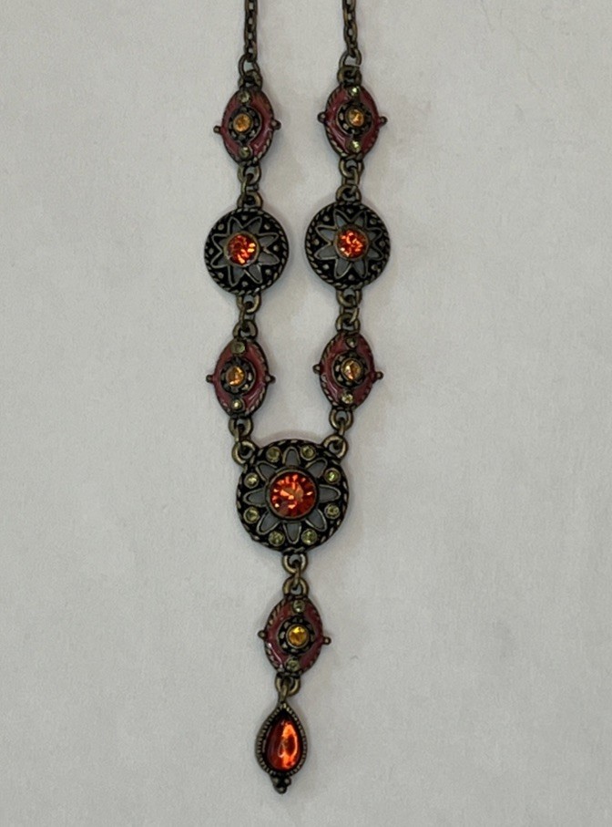 VTG Nina Ricci Avon Y-Drop Necklace Ornate Bronze Red Rhinestone Signed NR