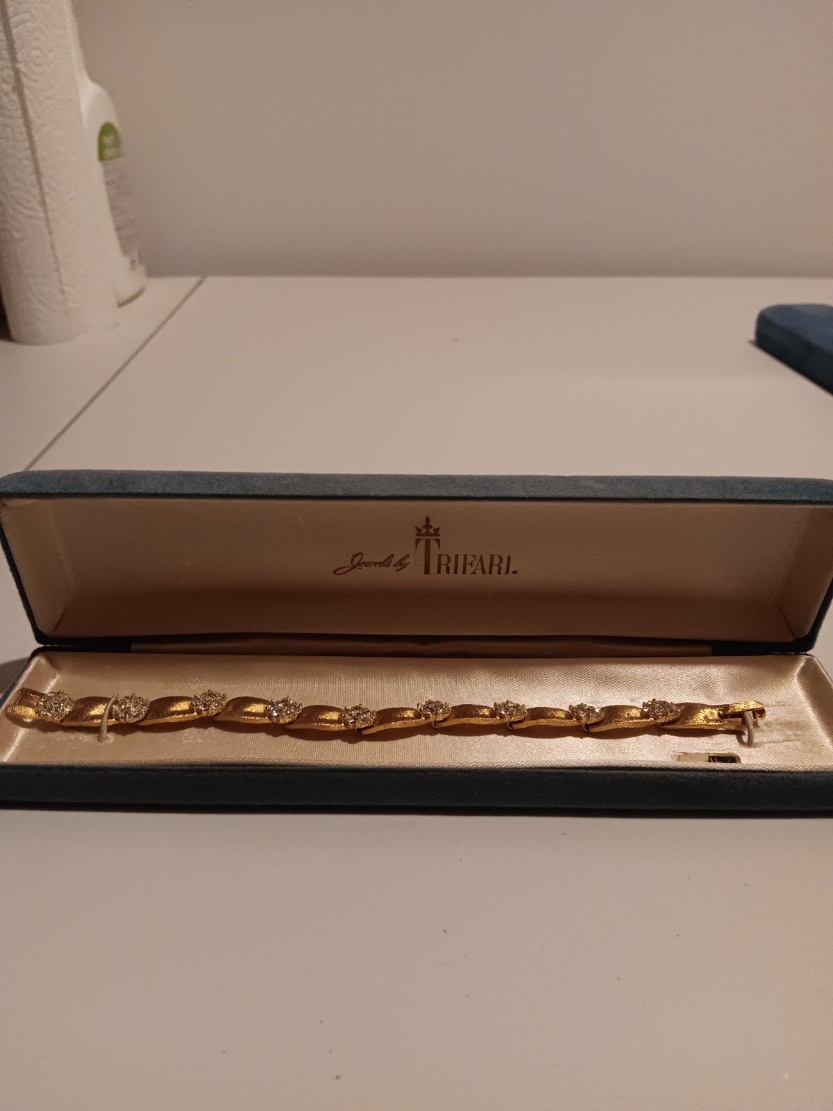 Vintage CROWN TRIFARI Birthday Ribbon Link Clear Rhinestone Bracelet-April!