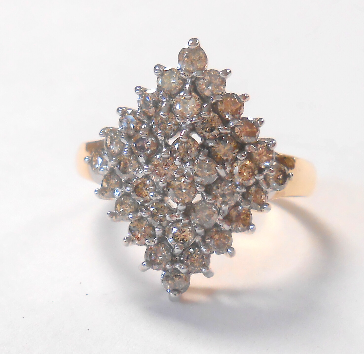 Wide 1.08ctw Champagne Diamond Cluster 10K Yellow White Gold Ring Size 6.75