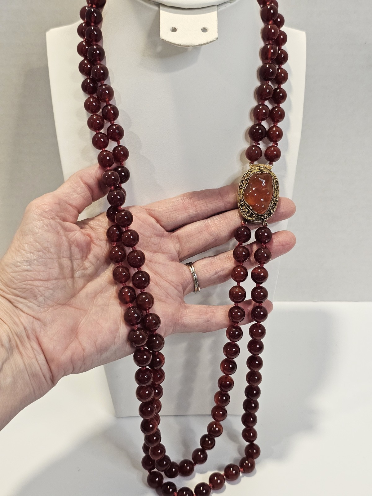 Vintage Carnelian bead necklace sterling gold wash filigree clasp