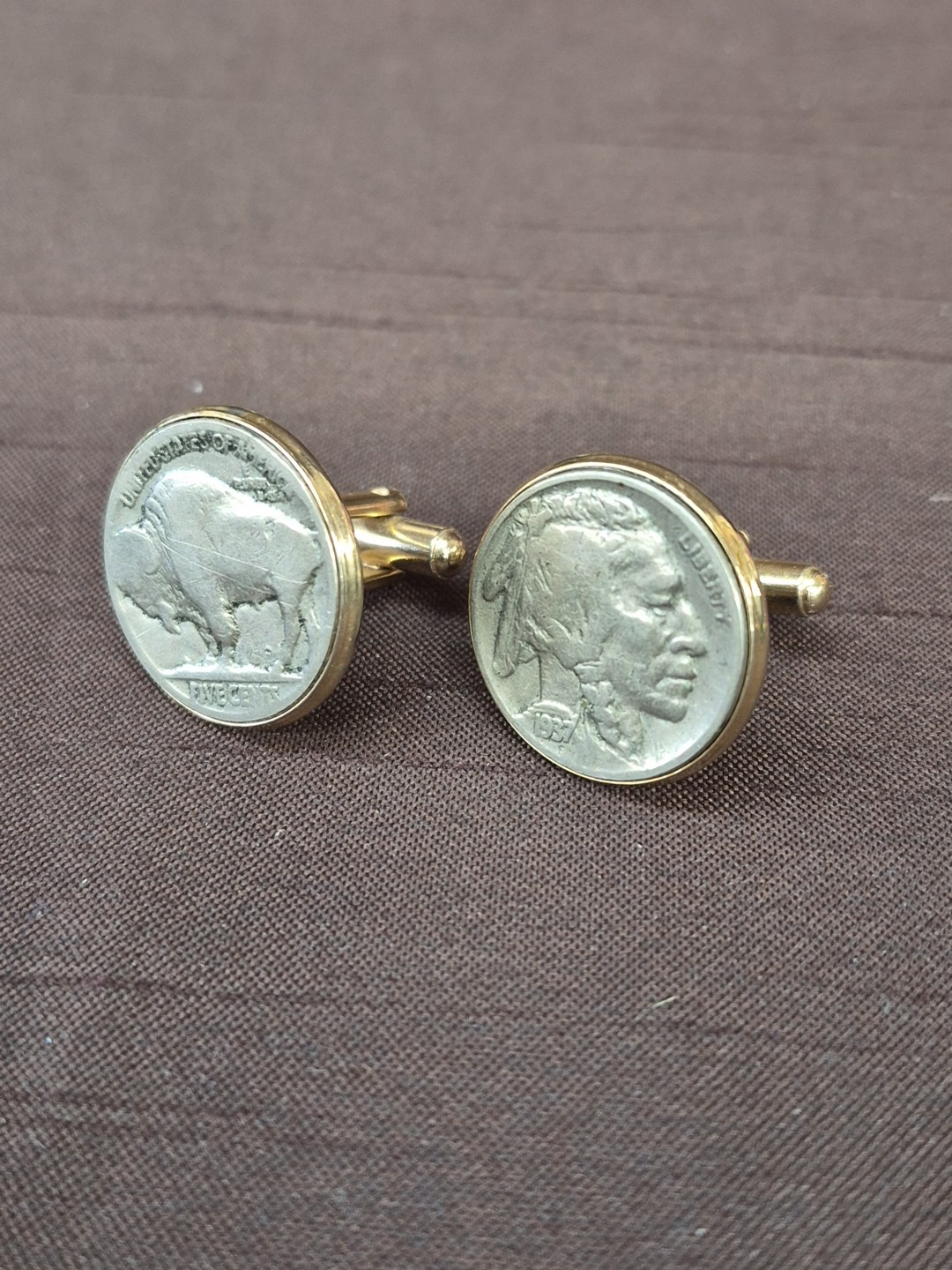 1937 Cufflinks Buffalo Indian Head Nickel Coins Set in Goldtone Bezel Mounting