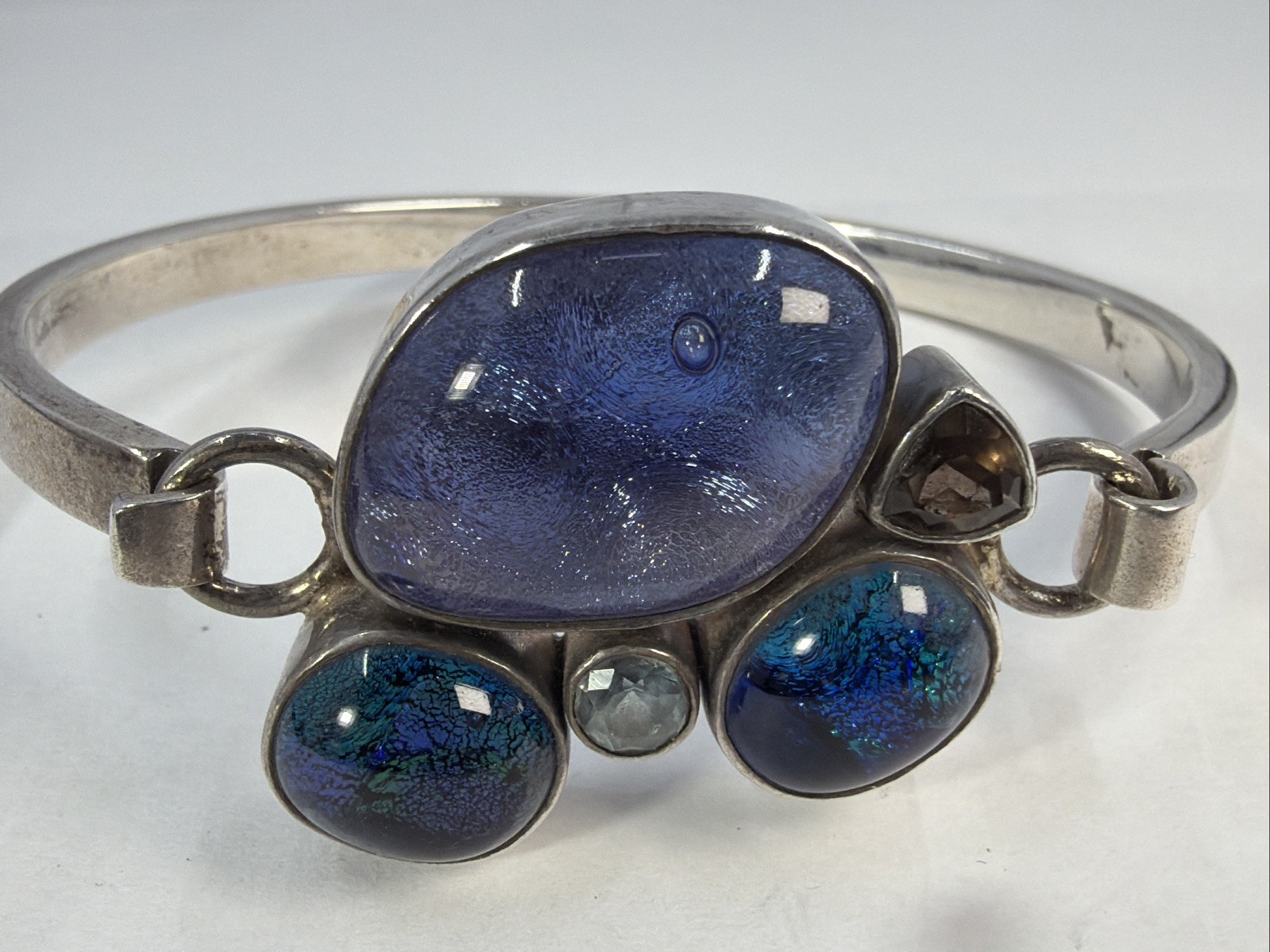 Artisan Sterling Silver 925 Dichroic Glass Bracelet Hook Closure Blue Green Pur