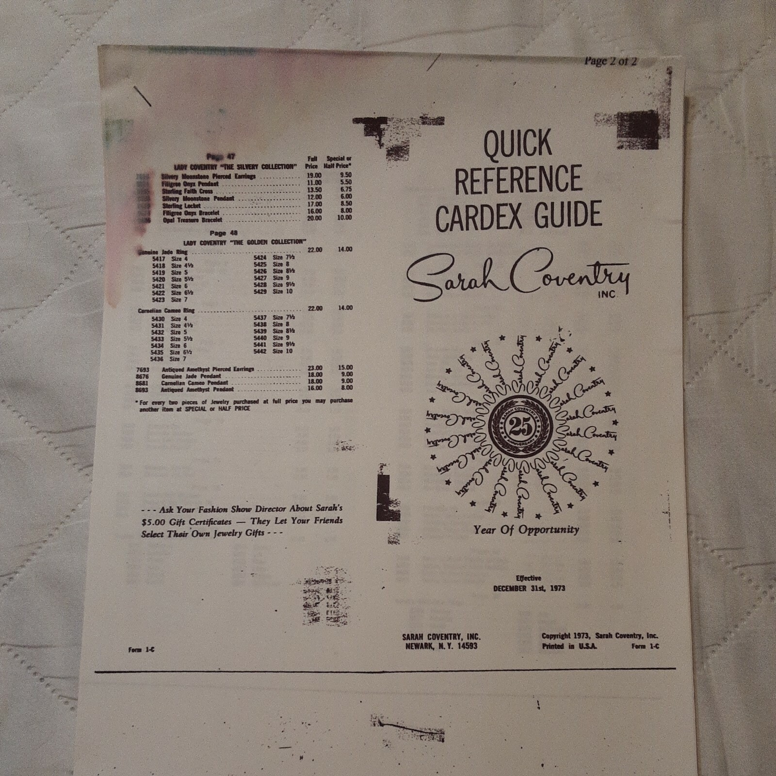 PRINTED COPY OF A DEC 1973 “QUICK REFERENCE GUIDES ” SARAH BOOK 4 PAGES