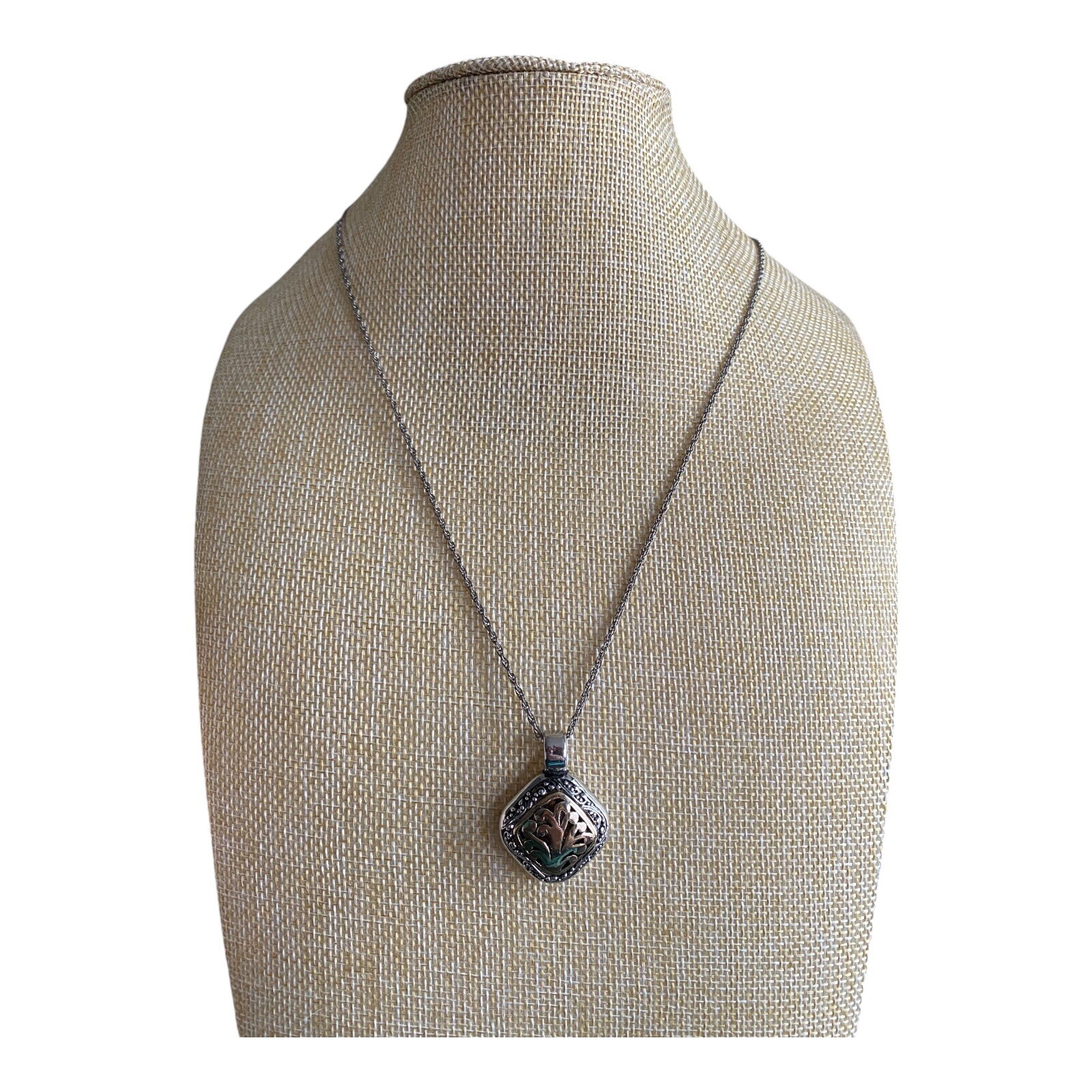 Vintage Two Tone Scroll Pendant And Silver Necklace Chain Signed SN C289