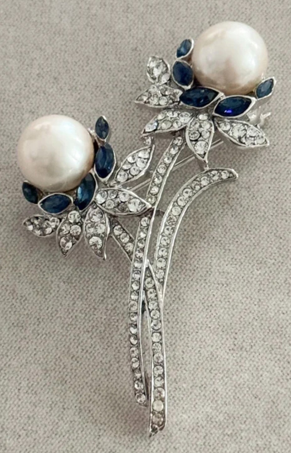 Vintage TRIFARI Silver tone Pearls Blue Crystals Flowers Pin Brooch