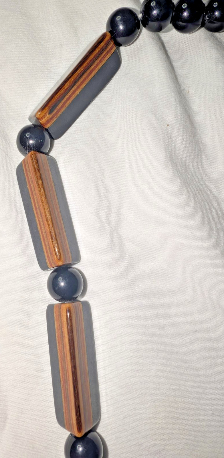 Vintage Lucite and Wood Statement Beaded Necklace Black Brown Laminated Triangle