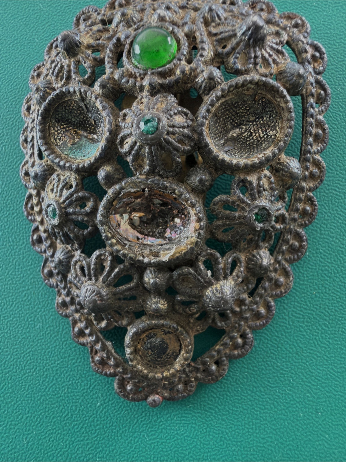 New England Glass Works Dress Clip Emerald Green Rhinestones READ Missing Stones