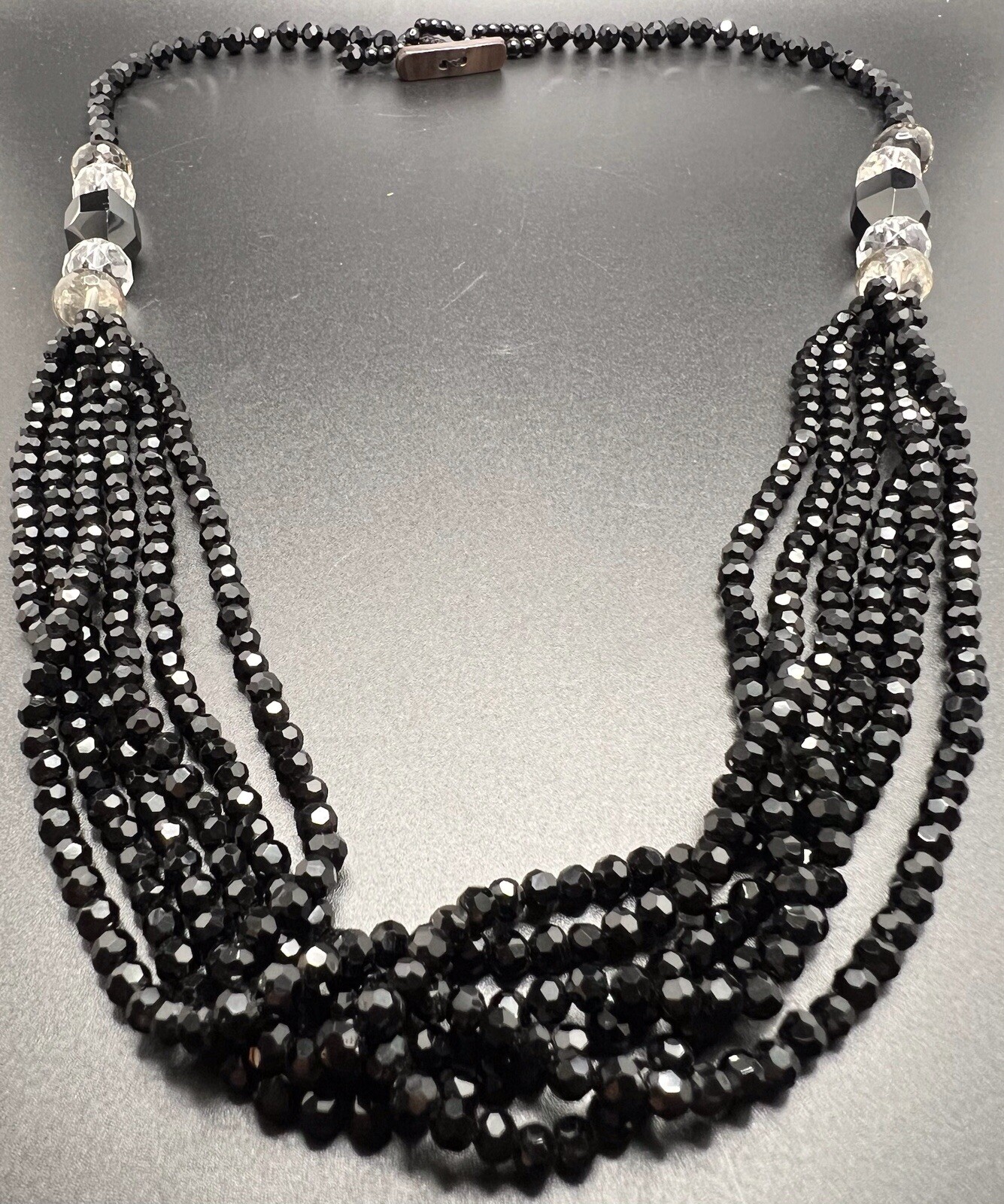 Vintage Black / Clear Crystal Bead Strand Necklace Art Deco Style 29in.
