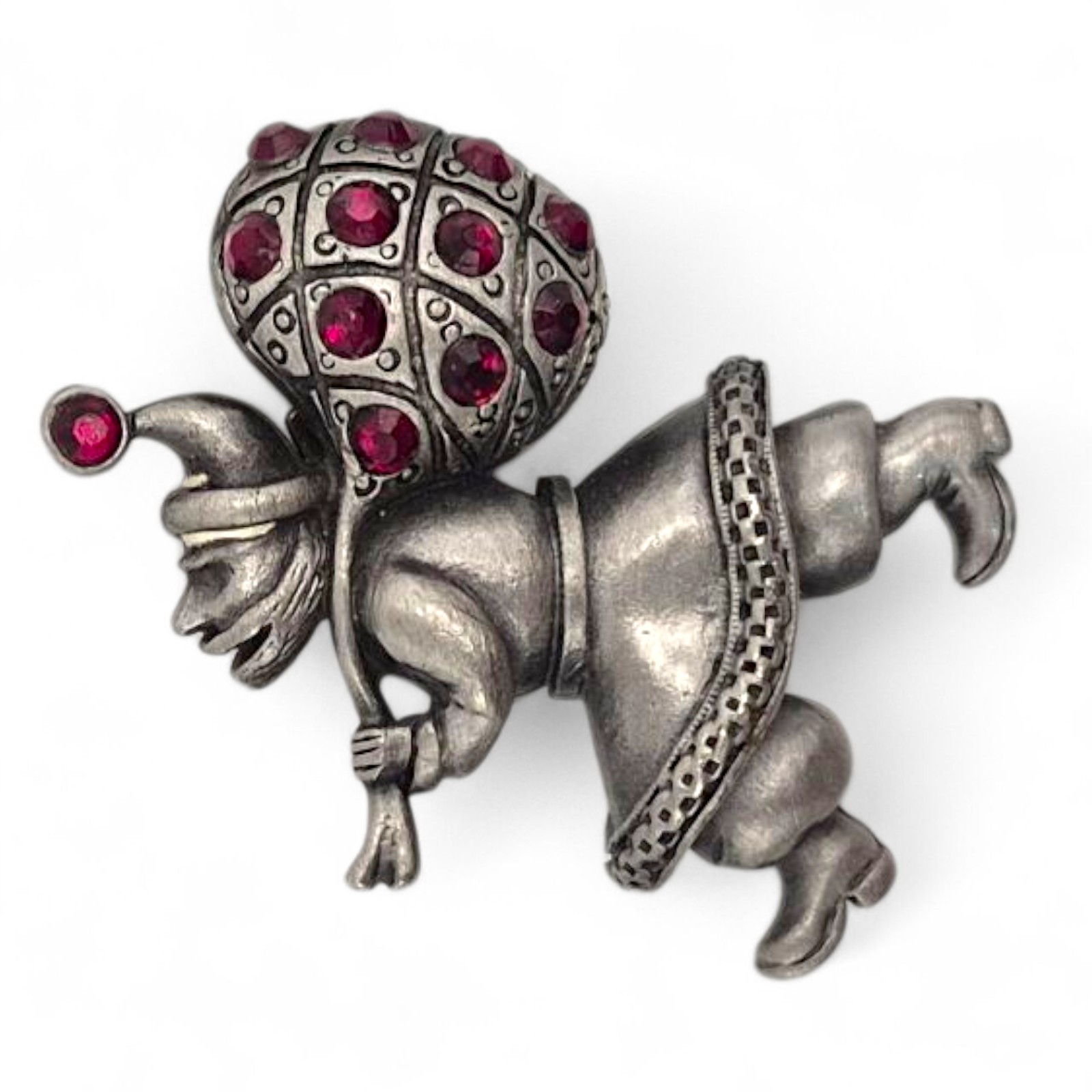 Vintage 1940’s Elf w/ Lattice Sack Brooch Red Rhinestones Pewter Look Metal