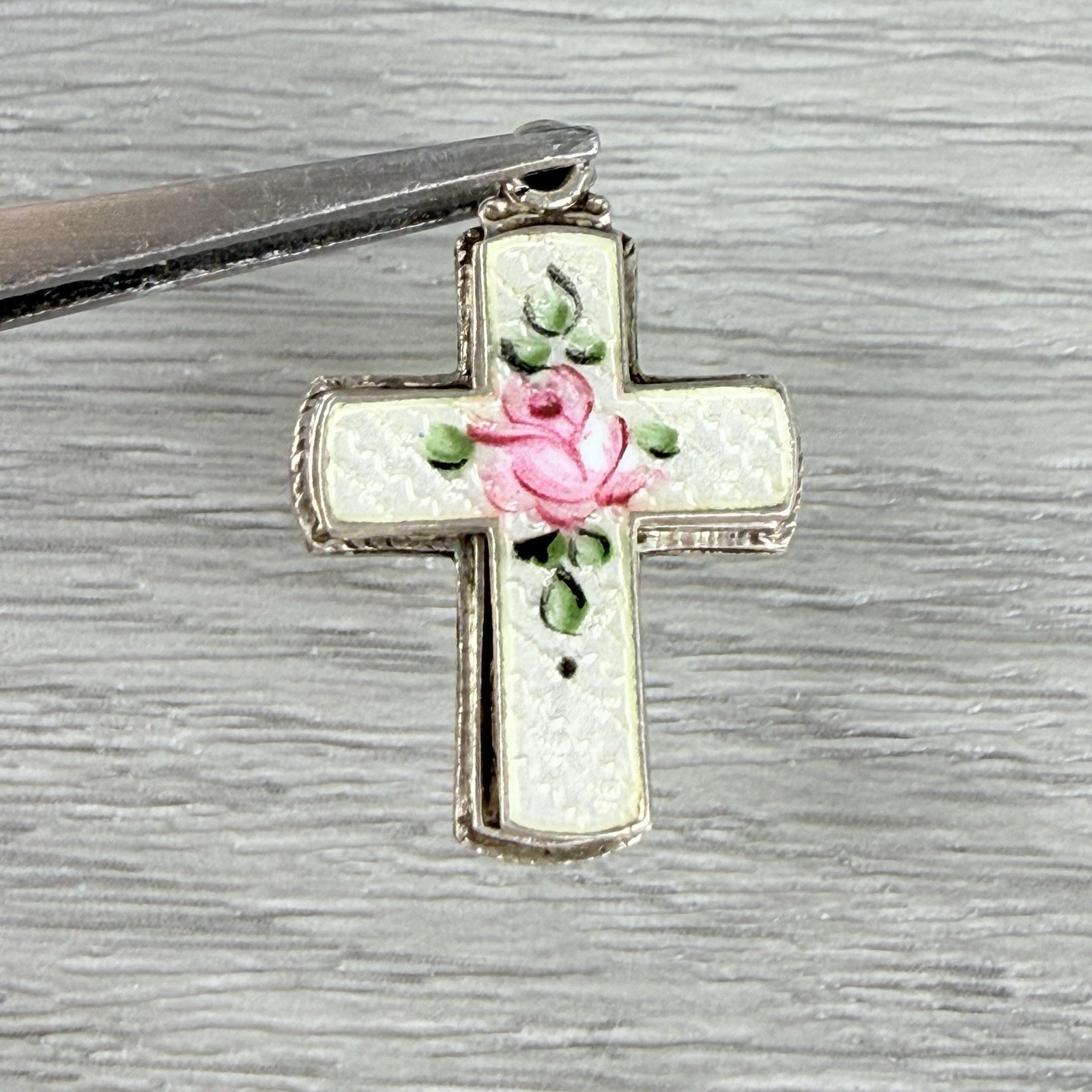 Vintage Possibly Antique Silver Guilloche Slider Rose Cross Necklace Pendant
